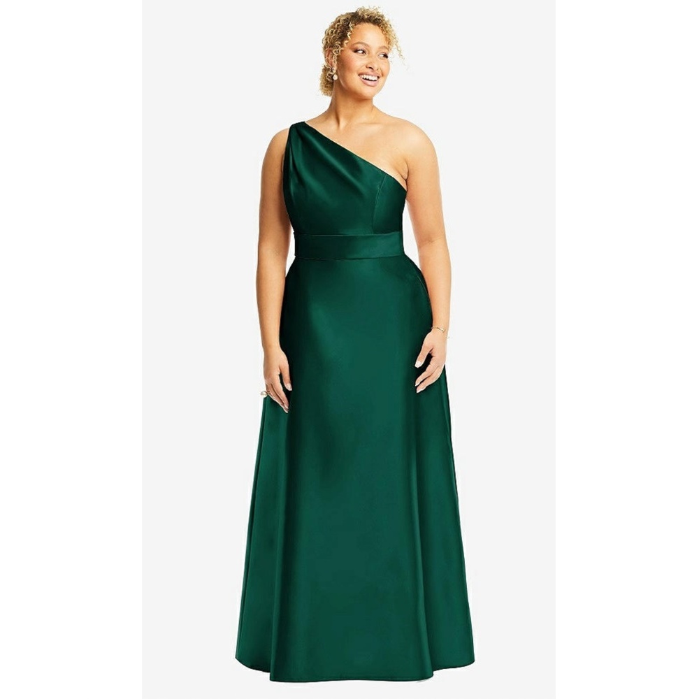Alfred Sung: DRAPED ONE-SHOULDER SATIN MAXI DRESS WITH POCKETS (NWT)